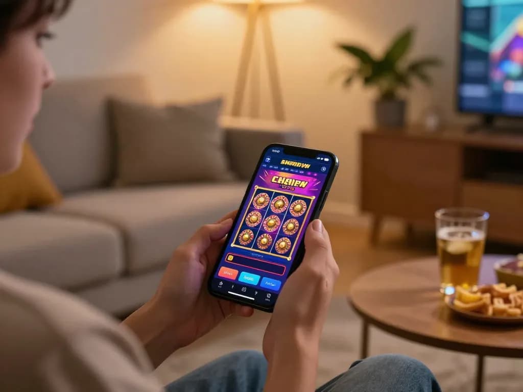 Enjoying a winning spin on rr88 mobile casino app, showcasing vibrant game graphics in a cozy setting.