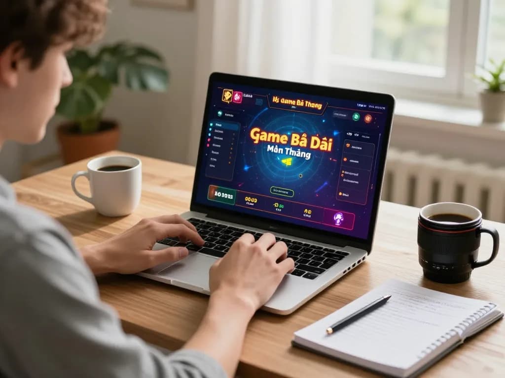 Engaging in Game Bài Đổi Thưởng on a laptop in a cozy home office with strategic notes.