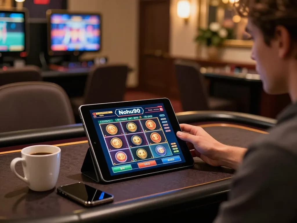 Nohu90 player engaging with online slots on tablet in stylish gaming setup