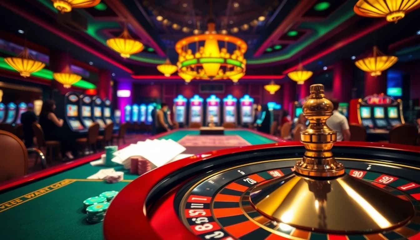 Experience the thrill of win79 with players at a vibrant casino table, cards, and chips in play.