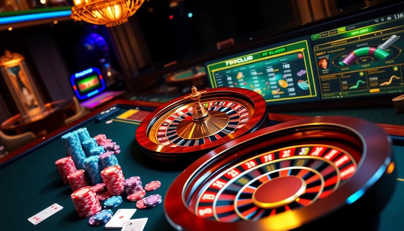 Experience the excitement of gambling at 789club with vibrant poker tables and roulette wheels.