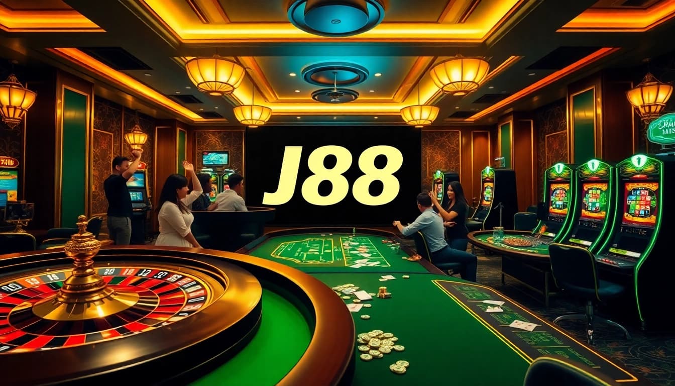 Players celebrating a win at J88 casino, surrounded by roulette wheels and vibrant slot machines.