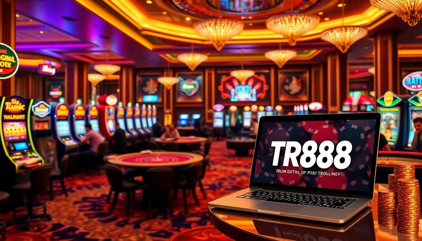 Players celebrating wins at TR88, showcasing vibrant casino tables and exciting slot machines.