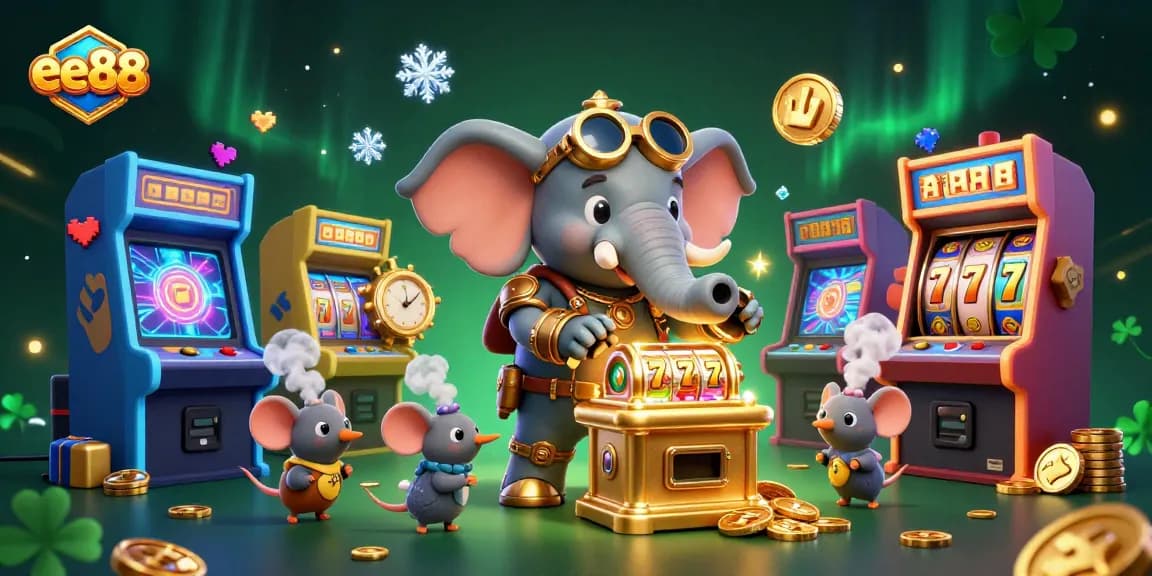 Engage with ee88's vibrant casino atmosphere featuring a steampunk elephant and slot machine.