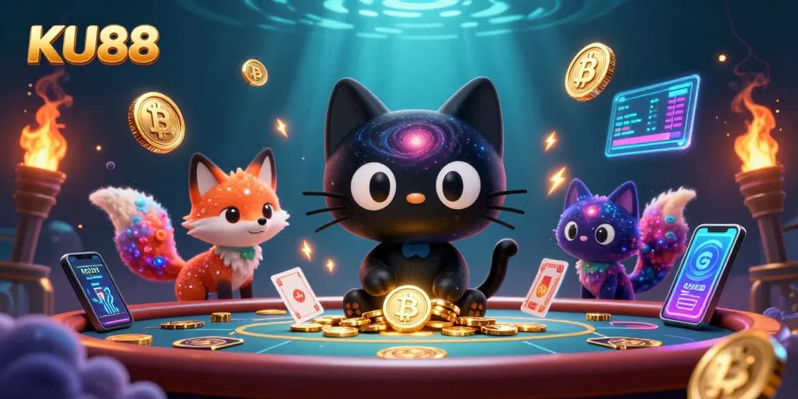 Engage with KU88's cosmic gaming world featuring vibrant characters and cryptocurrency elements.
