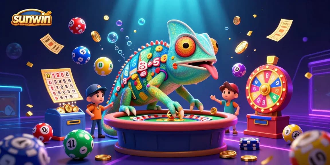 Win big with sunwin's vibrant 3D casino scene featuring colorful lottery elements.