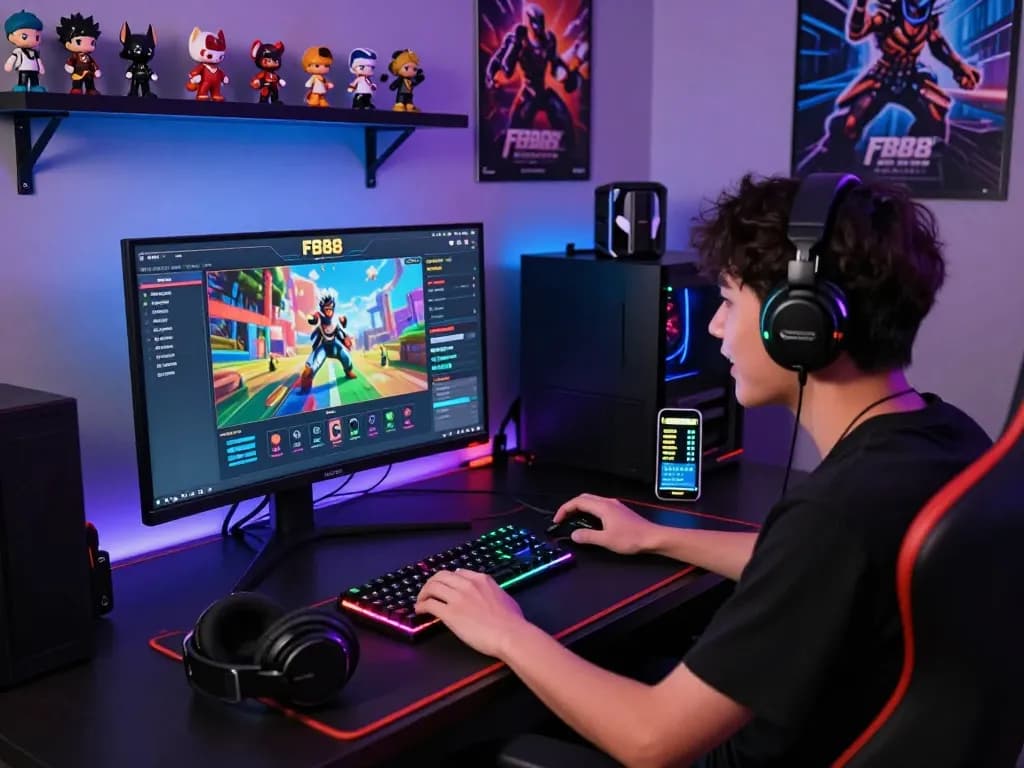 Exciting FB88 online gaming setup with a player engaging in vibrant betting activities within a stylish gaming environment.