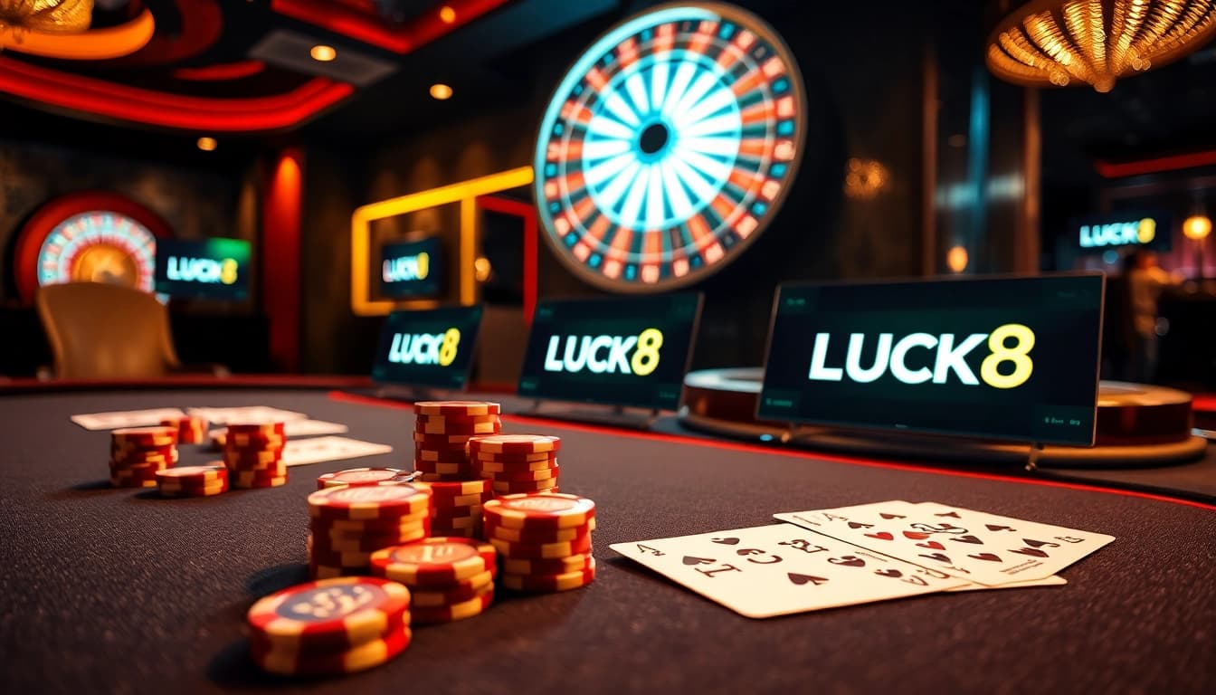 Exciting casino action at LUCK8 with vibrant poker chips and roulette wheel.