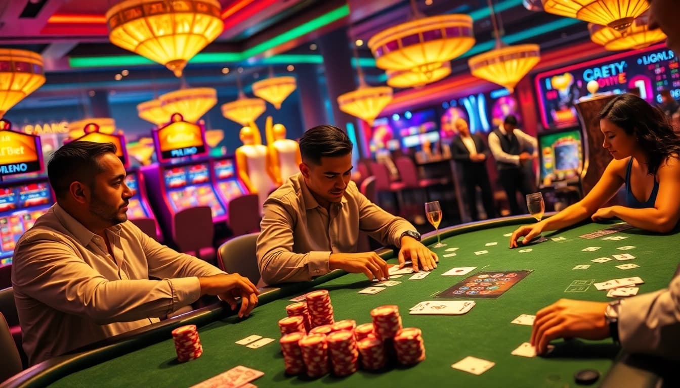 Players enjoying high-stakes poker at EE88, surrounded by vibrant casino elements and thrilling atmosphere.