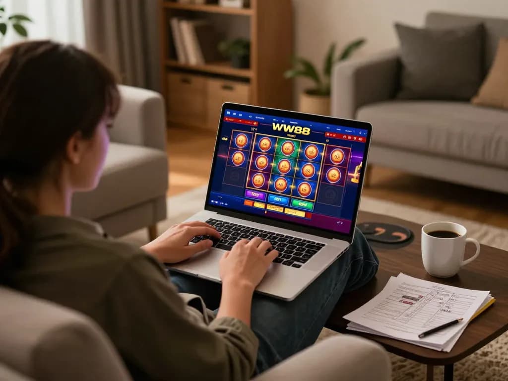 Engaging in an online casino game on WW88 at home, showcasing a modern gaming setup.
