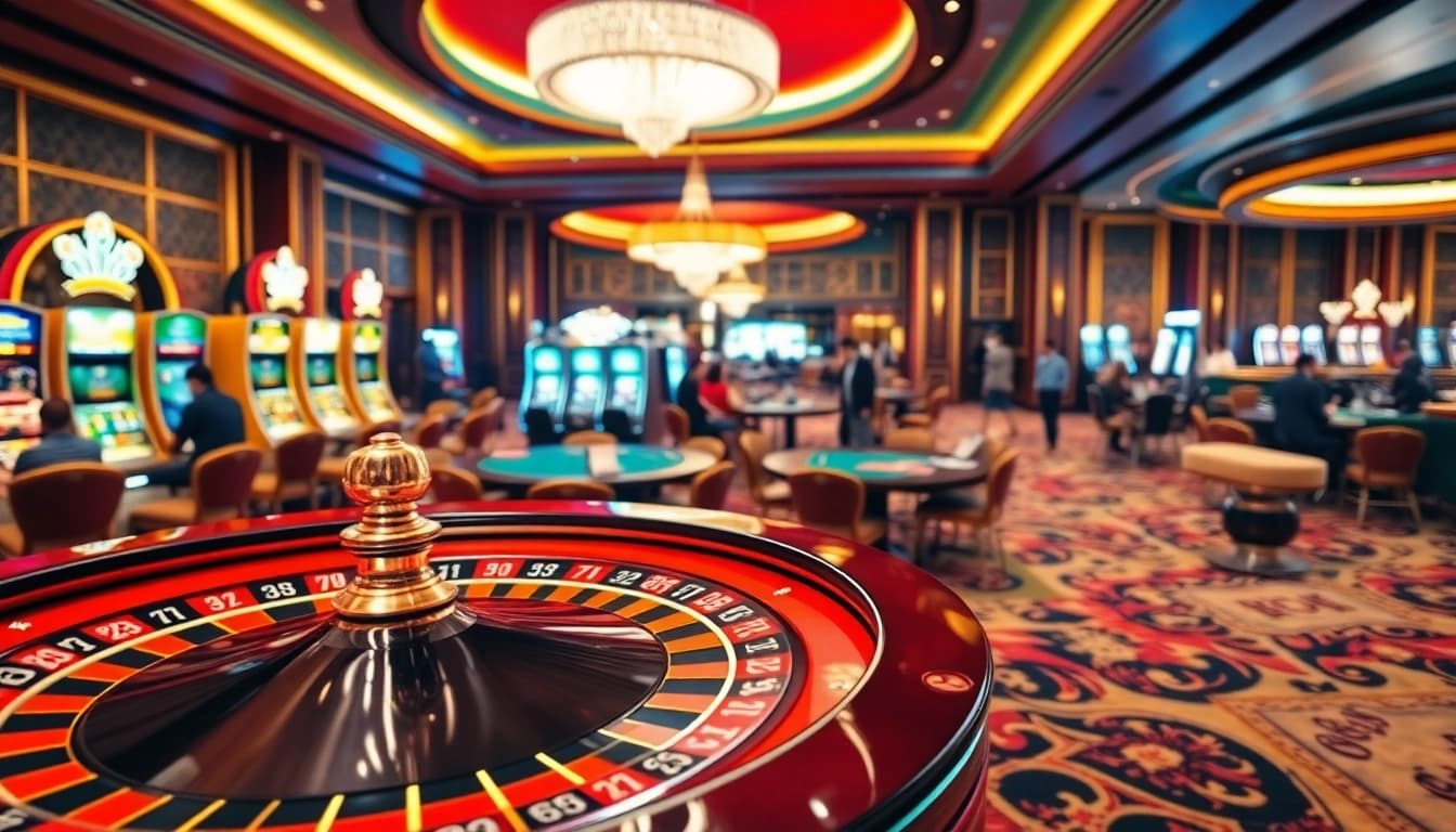 Excited players enjoying games at the SV88 casino, featuring roulette, poker tables, and colorful slot machines.