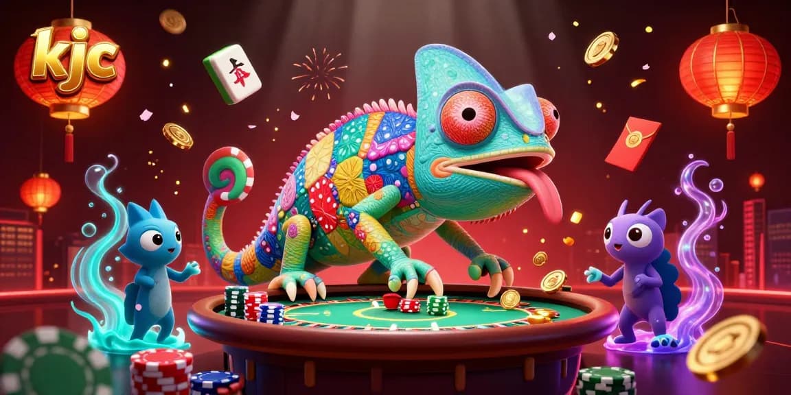 KJC's vibrant chameleon casino owner captures golden coins amidst a festive, gambling-themed scene.