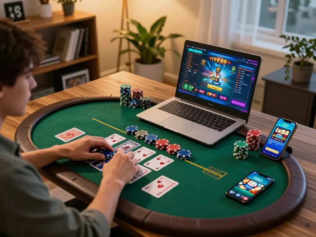 Player engaging with lv88 casino app in a cozy home environment, focused on winning strategies