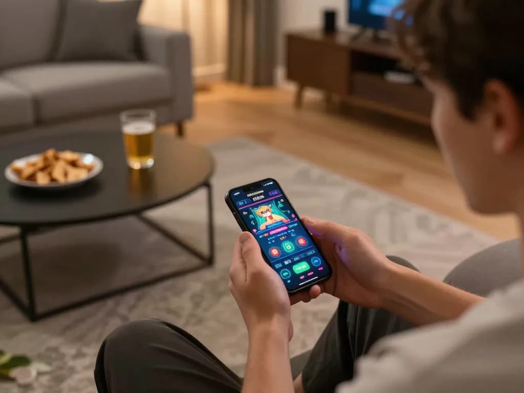 Player engaging with nk88 casino app on smartphone in a cozy living room setting