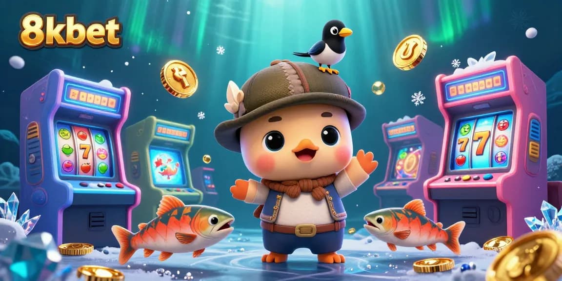 Experience thrilling gaming with 8xbet's colorful casino scene featuring cartoon characters and slot elements.