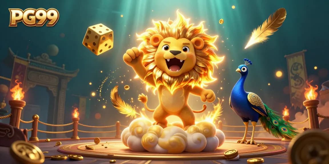 Celebrate wins at PG99 with a vivid illustration of the sun lion, golden dice, and gaming elements!