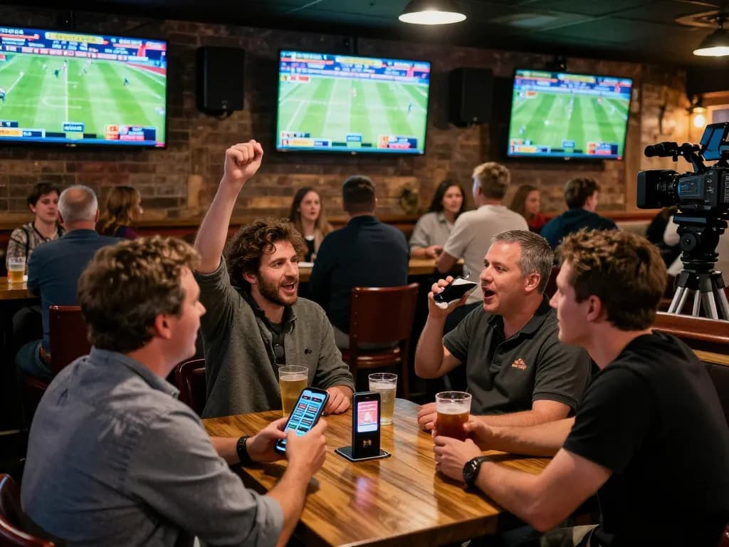 Excited patrons placing bets on the tylekeonhacai88 app while watching live sports.