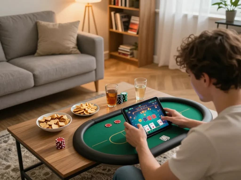 Players enjoying poker gameplay on Bayvip in a comfortable home setting, showcasing strategic betting excitement