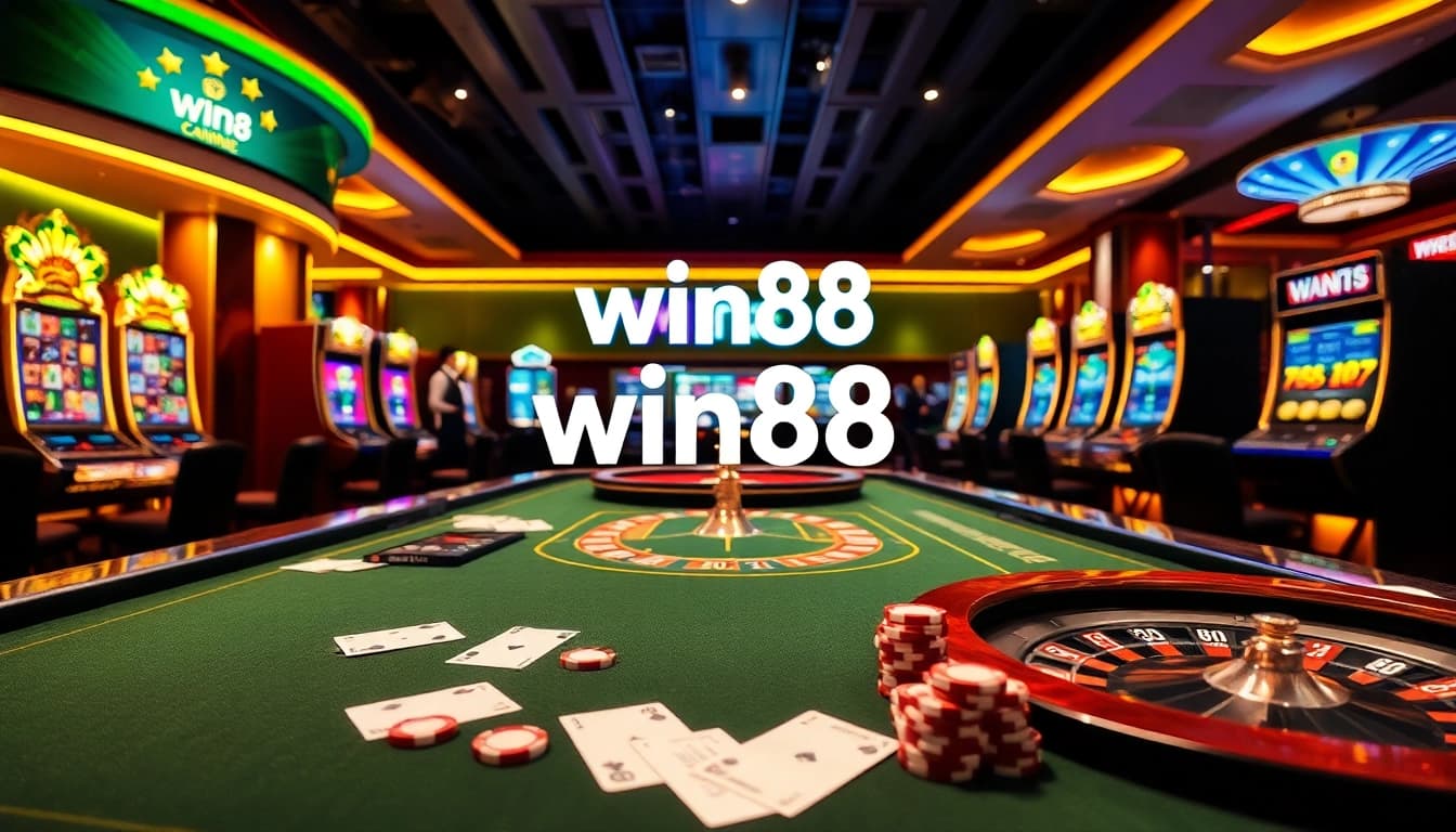 Win88 showcases an exciting casino atmosphere with professional dealers and glamorous gaming tables.