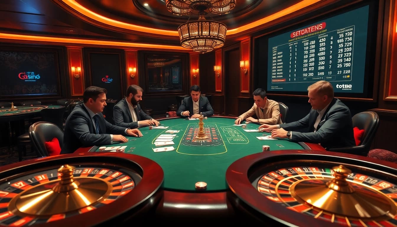 Exciting poker game at a luxurious casino showcasing tt88 with players, cards, and chips.