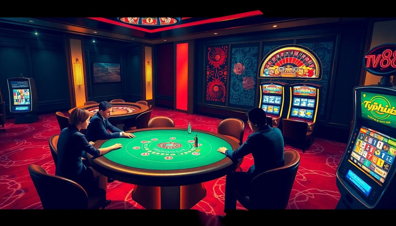Experience the excitement of Typhu88 with vibrant casino visuals, featuring poker tables, roulette wheels, and slot machines.
