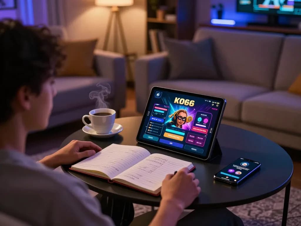 Engaging with KO66 casino app on tablet at home, showcasing responsible gaming.