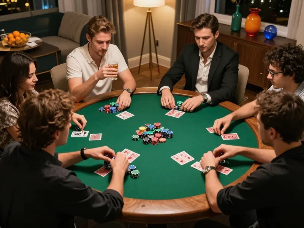 Poker players strategizing at a home game, showcasing the vibrant atmosphere of https://v788.biz/ gaming.