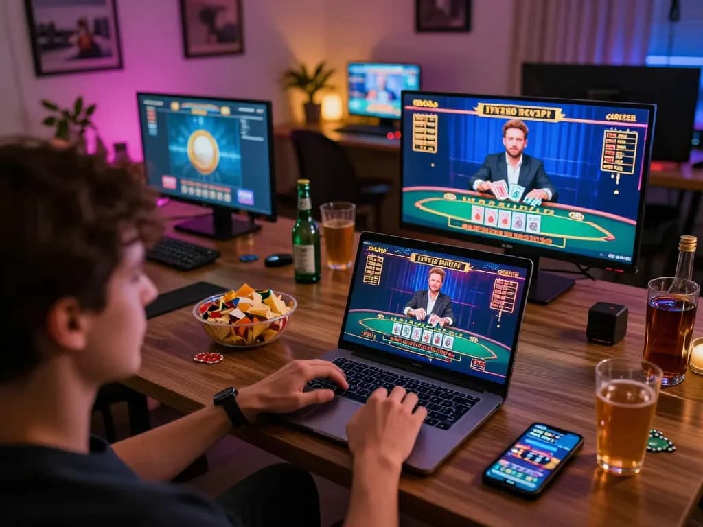 Engaged player exploring live dealer games on 789club from a cozy home setup, showcasing immersive online gaming.