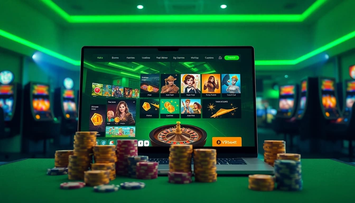 Experience thrilling gambling action with V9bet's vibrant online gaming interface, featuring slots and poker.