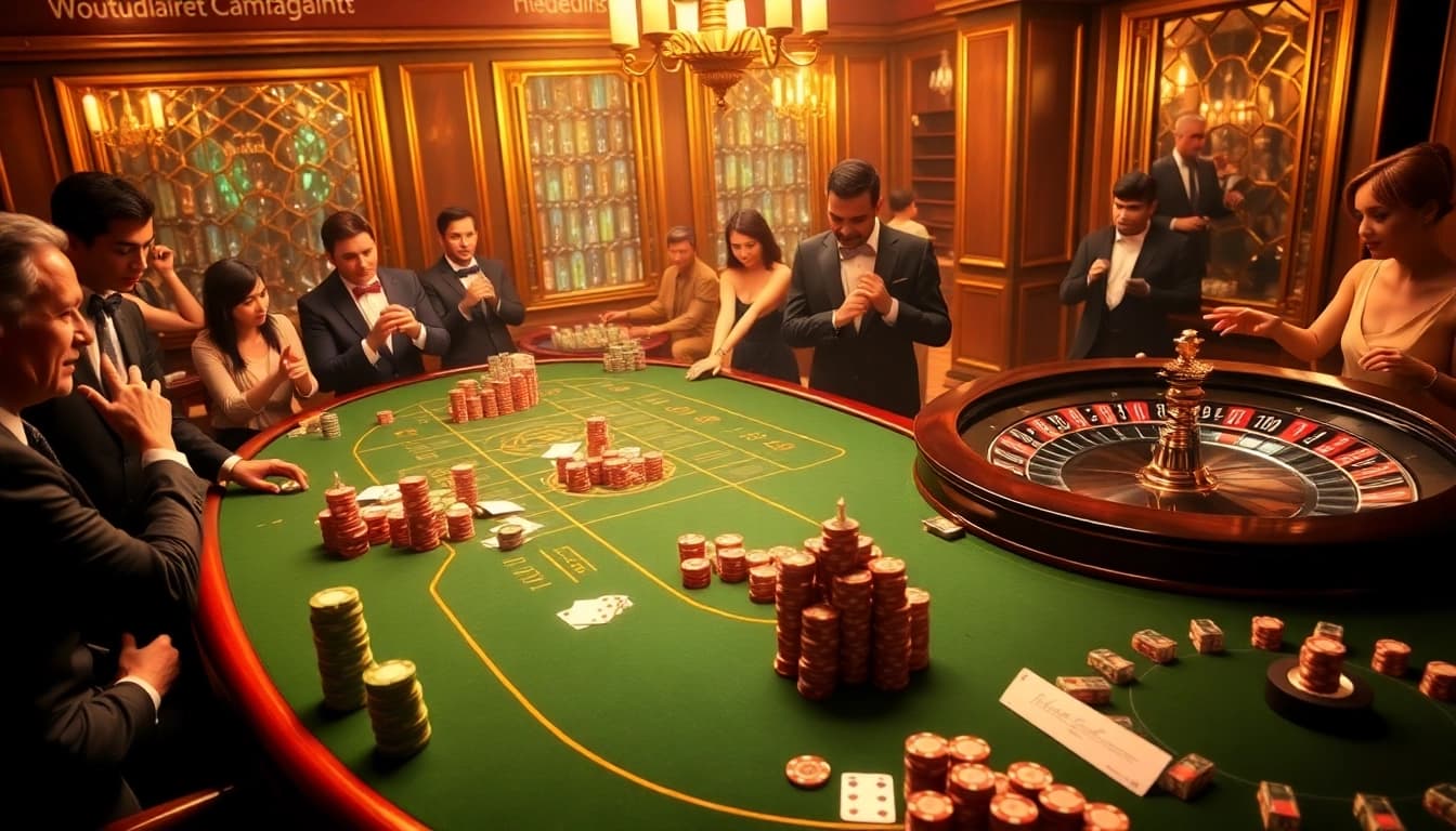 Players bet big at a glamorous casino featuring TR88-themed poker tables and roulette wheels.