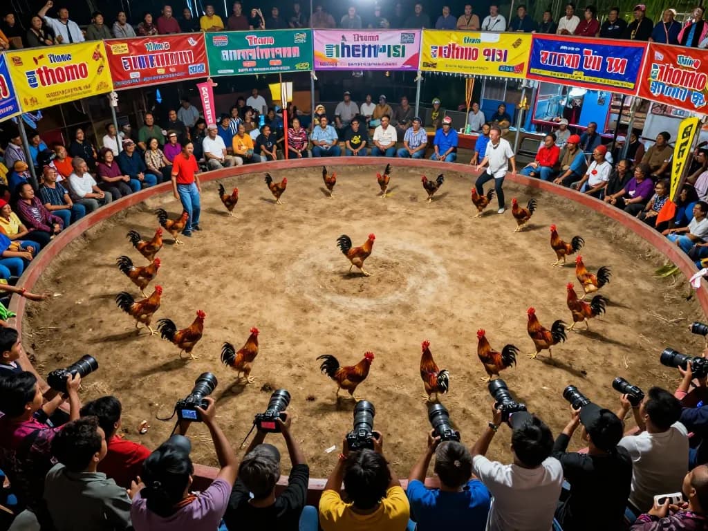 Hình ảnh các trận đá gà Thomo hôm nay, thể hiện không khí căng thẳng và những chú gà chiến cạnh tranh.