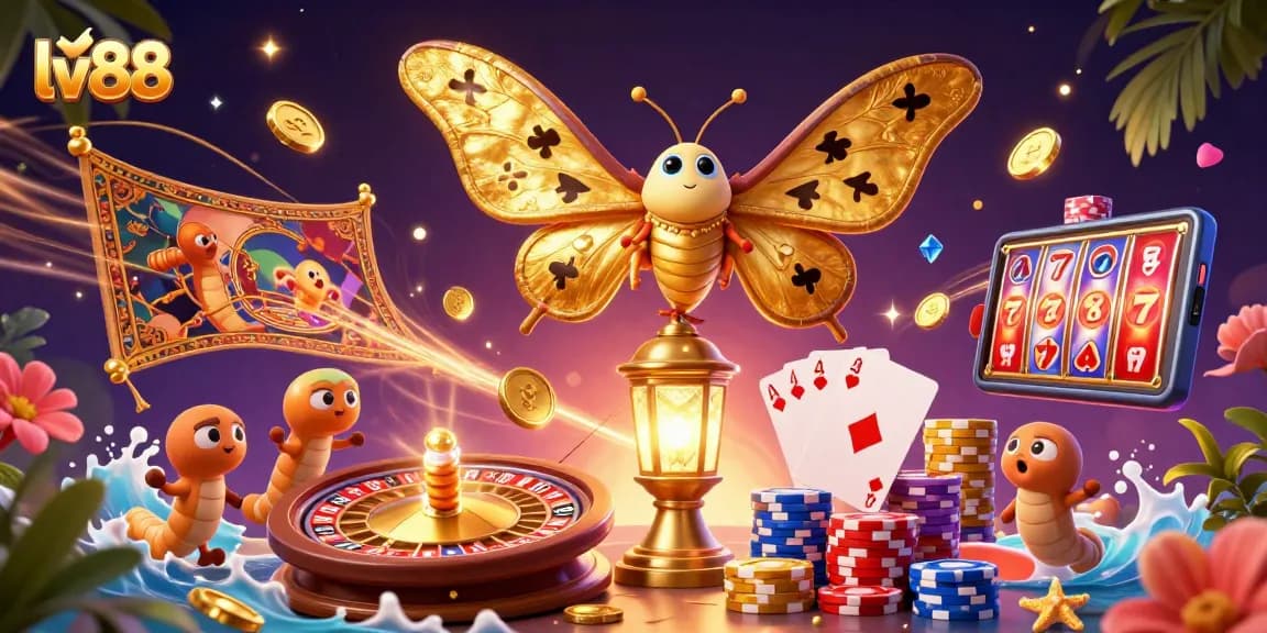 Experience the excitement of gambling with lv88's vibrant 3D casino scenes featuring golden treasures.