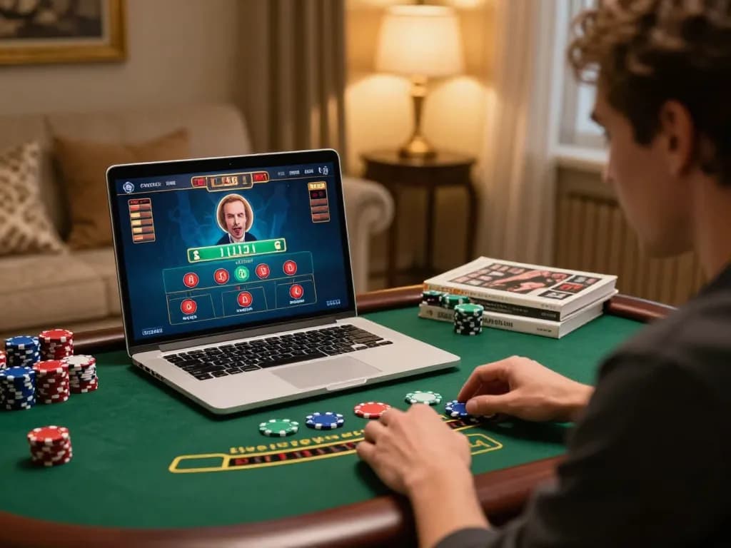 Player strategizing in an online blackjack game at 888NOW, showcasing a luxurious gaming setup and interaction.