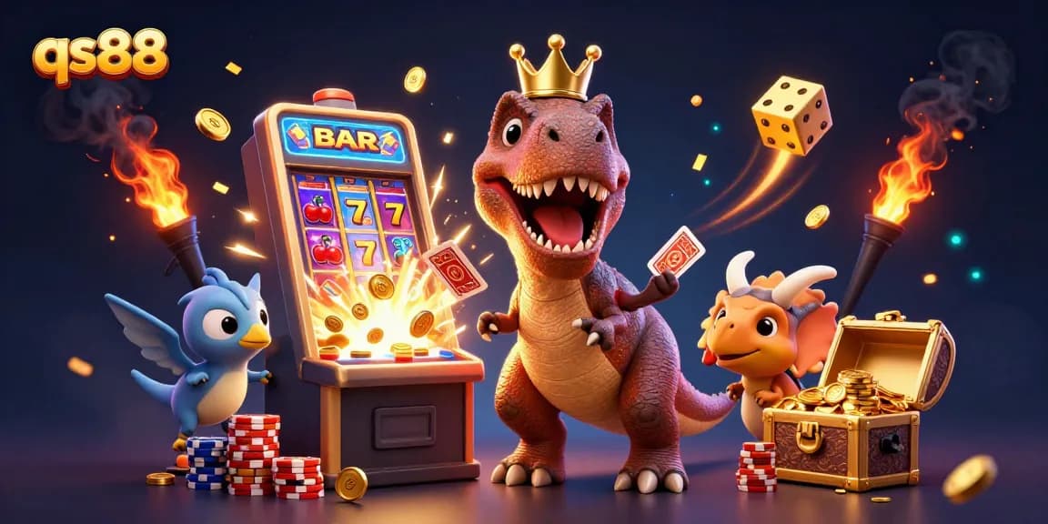 Join the fun with qs88 as T-Rex shuffles cards while friends stack winnings in this vibrant casino scene.
