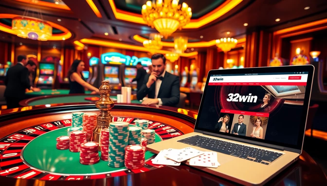 Experience the excitement of 32win with vibrant casino visuals featuring roulette, chips, and digital gaming.