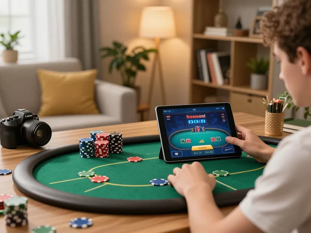 vipwin2 user enjoying an online poker game on a tablet in a cozy home atmosphere.