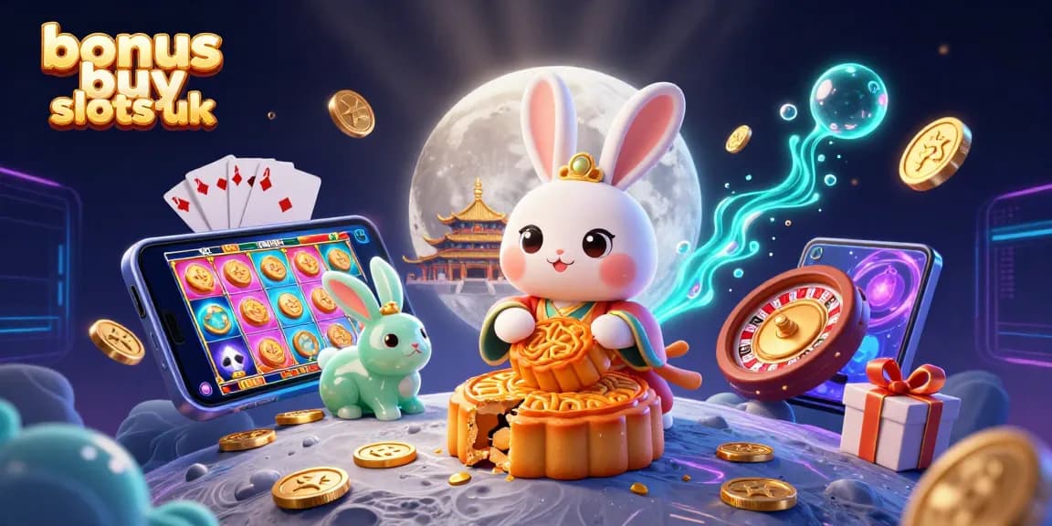 Experience the excitement of bonus buy slots UK with a vibrant 3D illustration of moon rabbits, pivotal game elements, and a colorful backdrop.