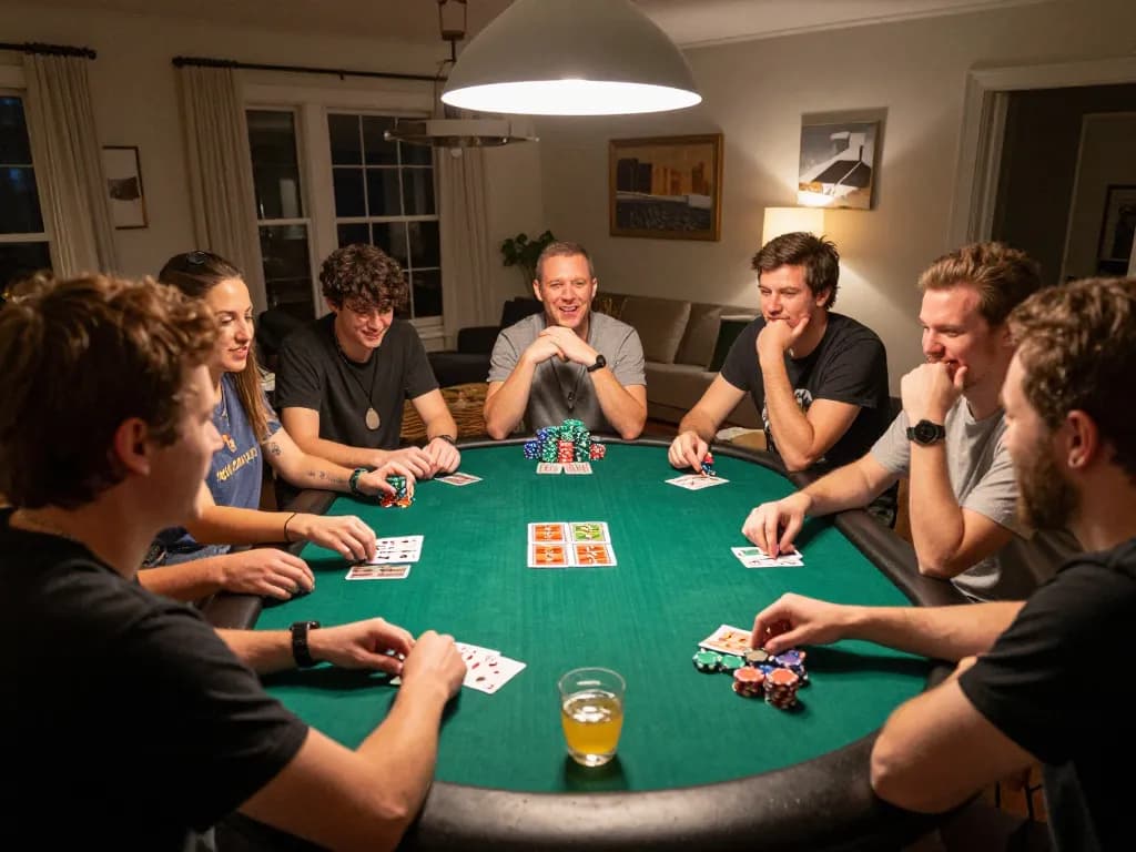 Luck8 players strategizing during a lively home poker game with chips and cards