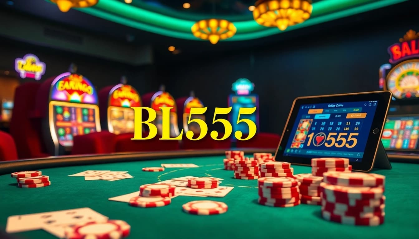 Engage in thrilling gameplay at BL555's vibrant casino table with colorful poker chips.