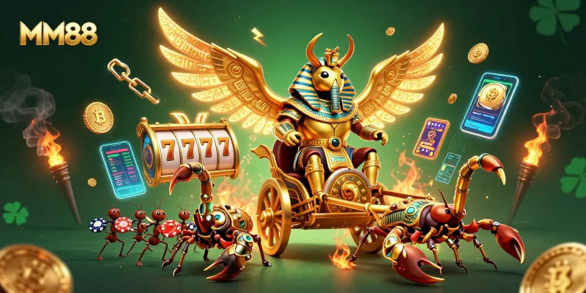 Engage in exciting gameplay at MM88 with a golden scarab beetle and glowing coins in a lavish casino scene.