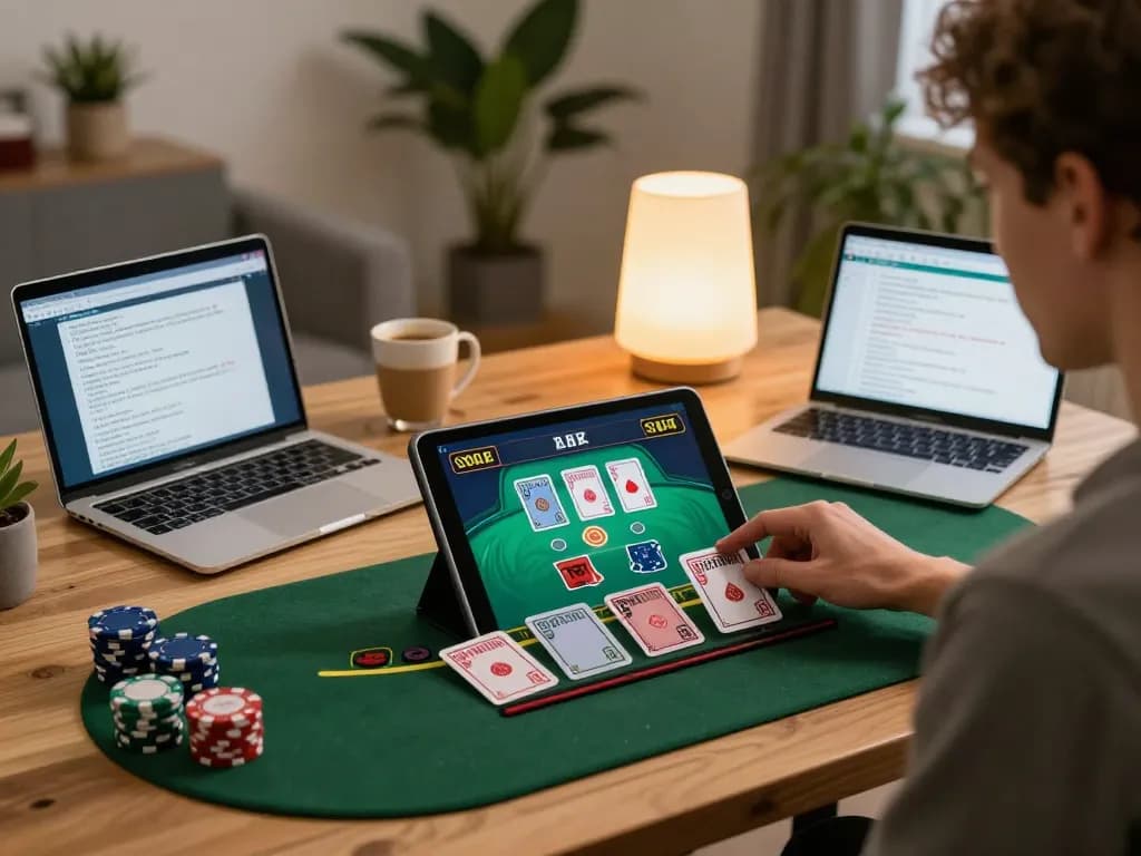 Experience dynamic online gaming at https://ok904.com/ with engaging blackjack gameplay on a tablet in a warm home setting.