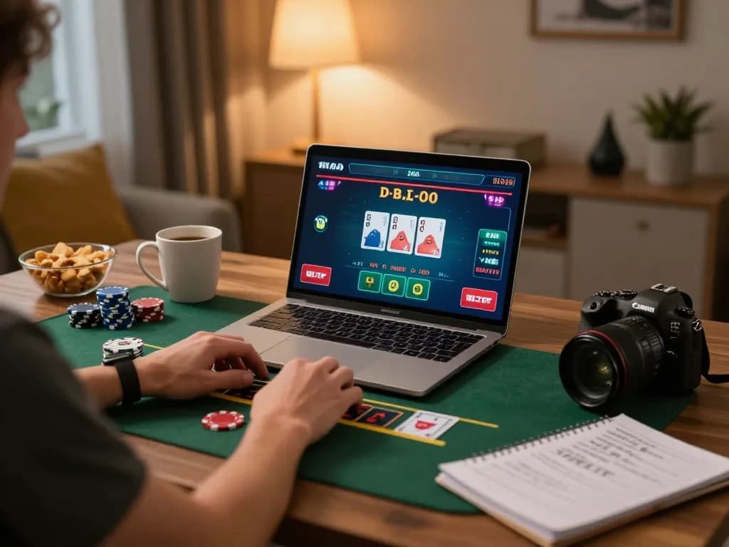 Engaged player exploring blackjack strategies on ok365 platform in cozy home environment.