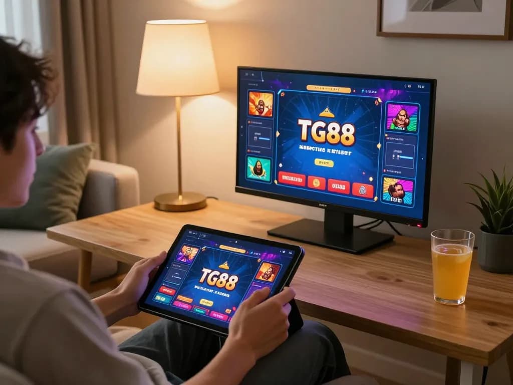 Engaging user playing TG88 casino app on tablet in cozy home setting with vibrant graphics