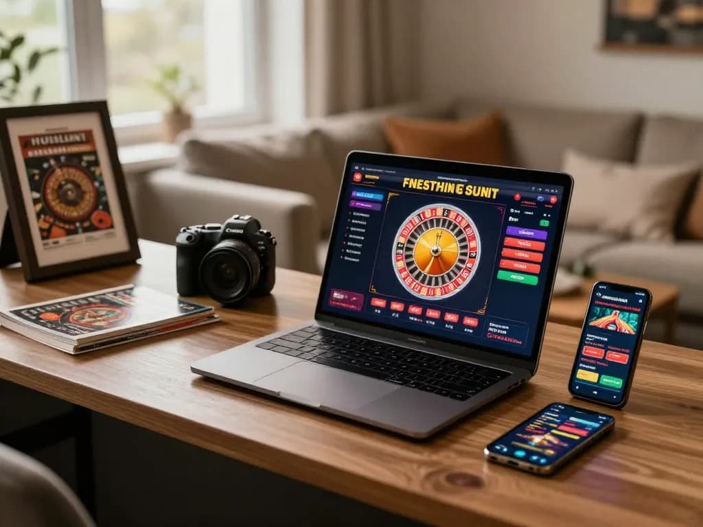 Engaging online gaming setup at https://9bet9.in.net showing laptop with roulette game interface, inviting atmosphere for responsible gambling.
