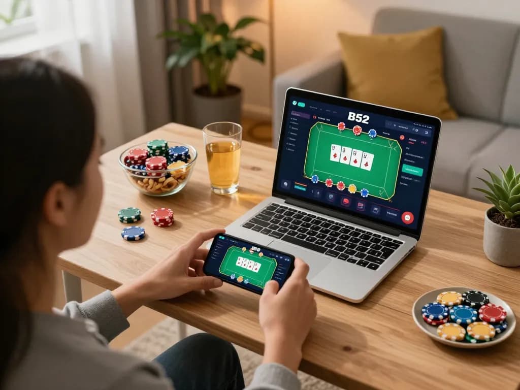 Engaged player exploring the B52 gaming app for online poker at home, highlighting immersive gameplay.