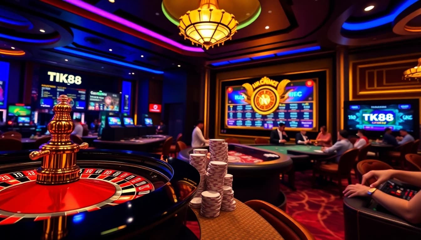 Engaging players at TK88 celebrate their wins while gaming online amidst a vibrant casino atmosphere.