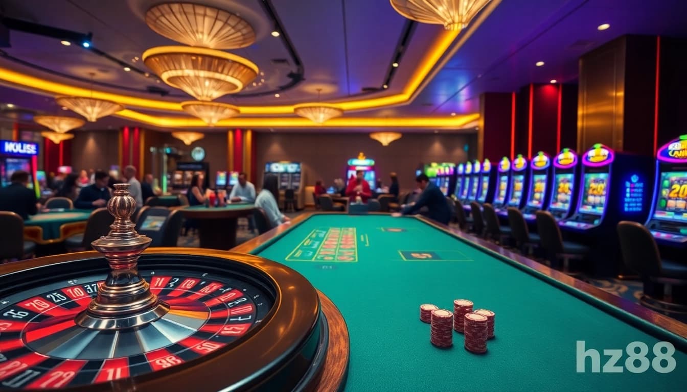 Experience thrilling gameplay at HZ88 with vibrant casino tables and machines.