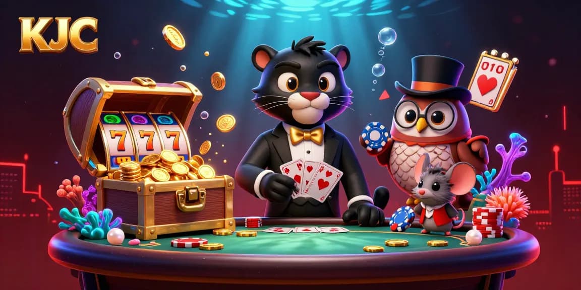 KJC players experience thrilling casino action with dynamic slot reels and festive characters in a vibrant scene.