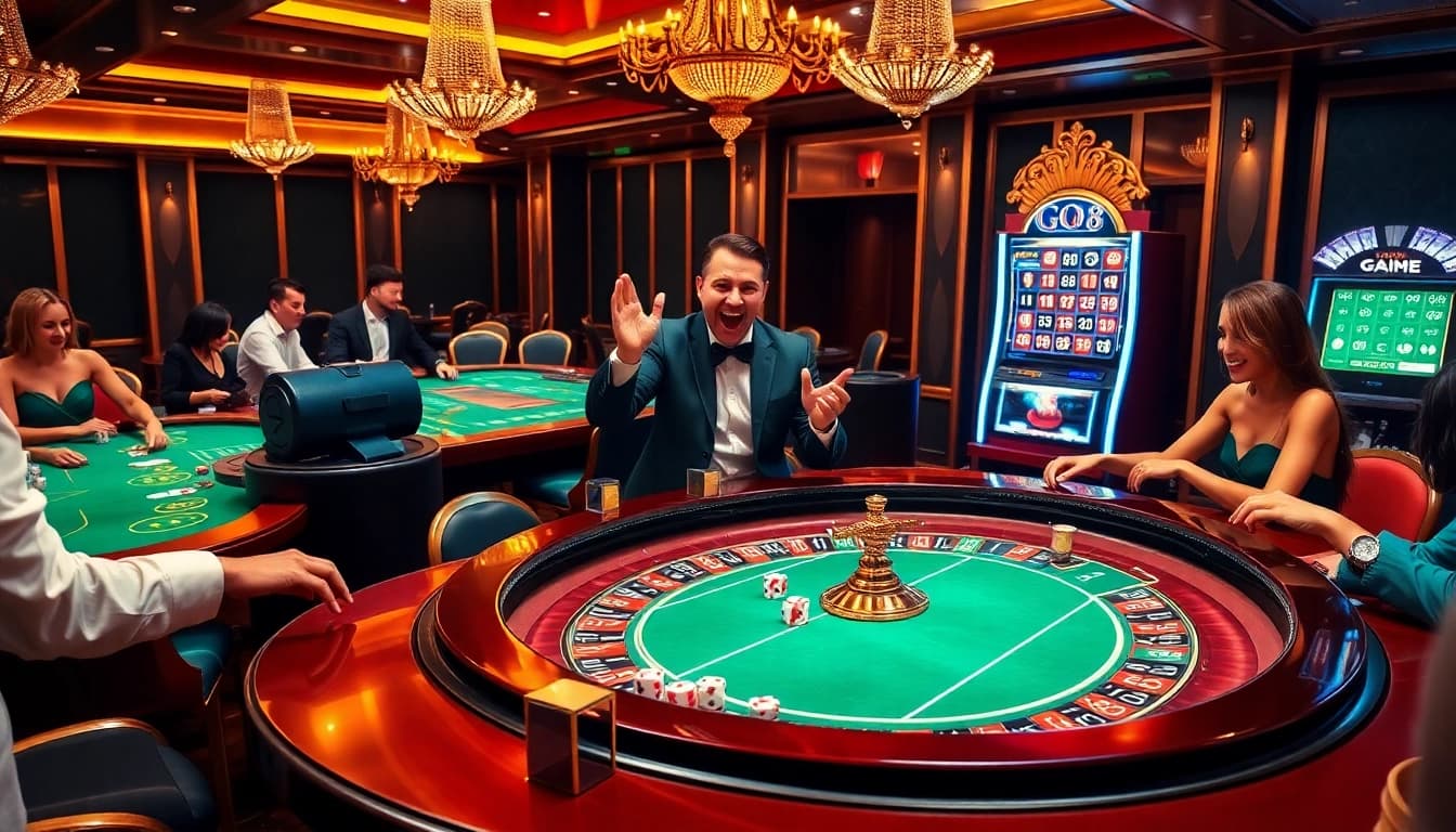 Go8 players enjoy an exciting game of poker at a luxurious casino table, showcasing vibrant energy.