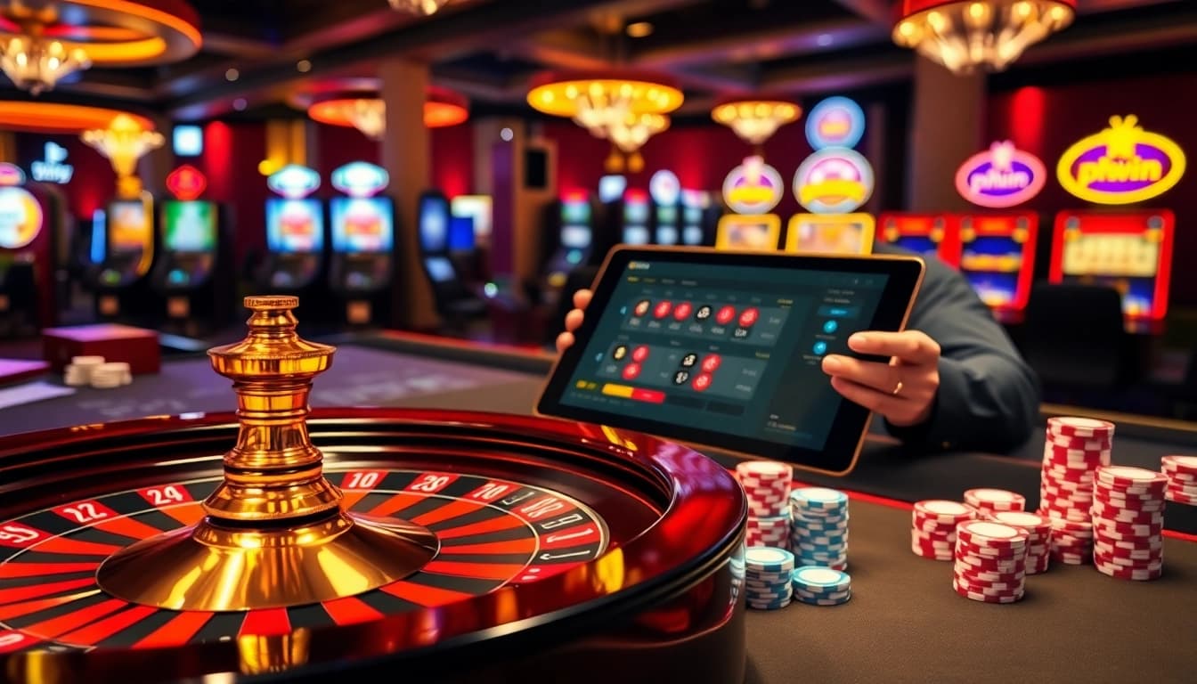 Engage with the thrilling phwin online casino atmosphere, featuring roulette and vibrant gaming elements.